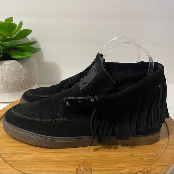 Nine West Ballico‎ Suede Moccasin Black Leather Western Fringe Boot Size 8.5 - Picture 1 of 7